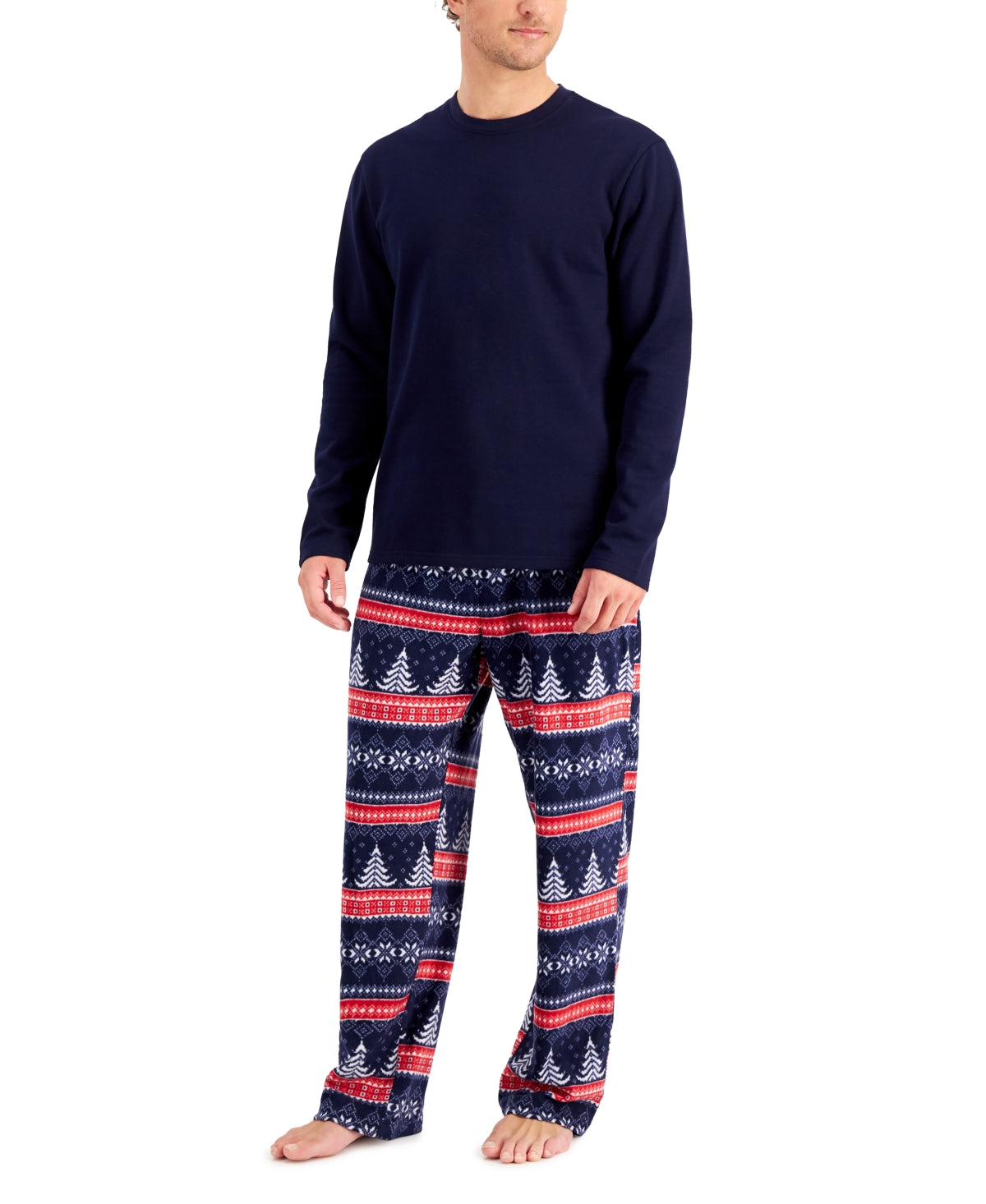 Club Room Men's 2 Pc Fleece Pajama Shirt And Pants Set Navy Blue XL