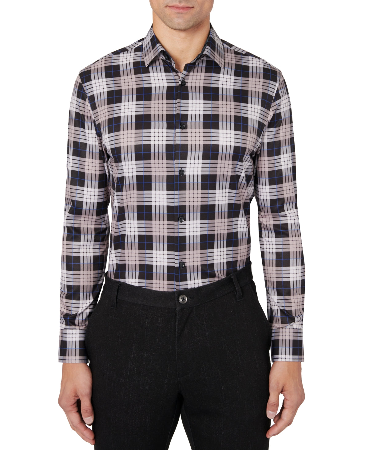 Construct Mens Slim Fit Plaid Button Down Dress Shirt Black 15 15.5 33 34