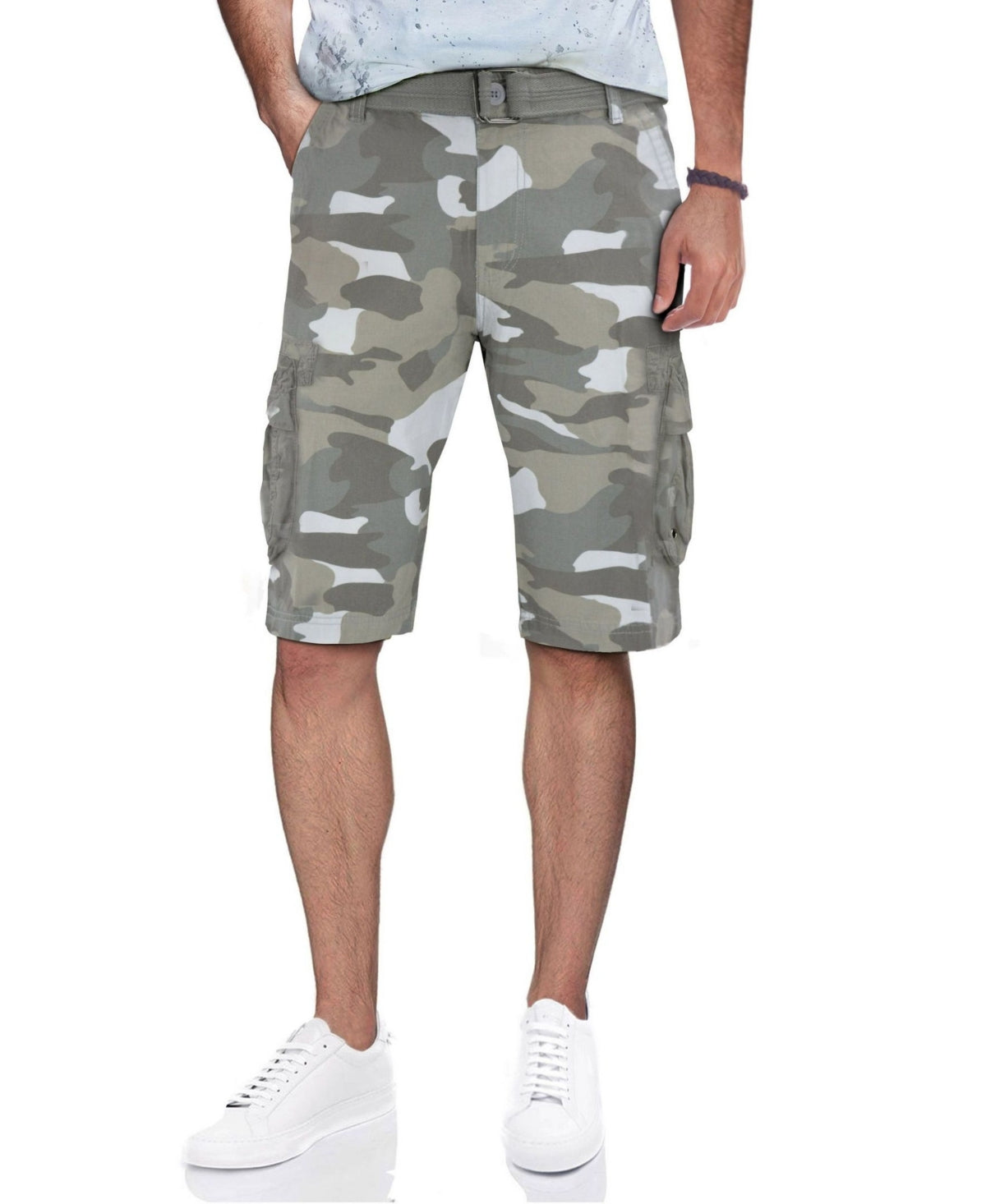 Raw X Men's Belted Double Pocket Cargo Shorts Green White Camo 50"