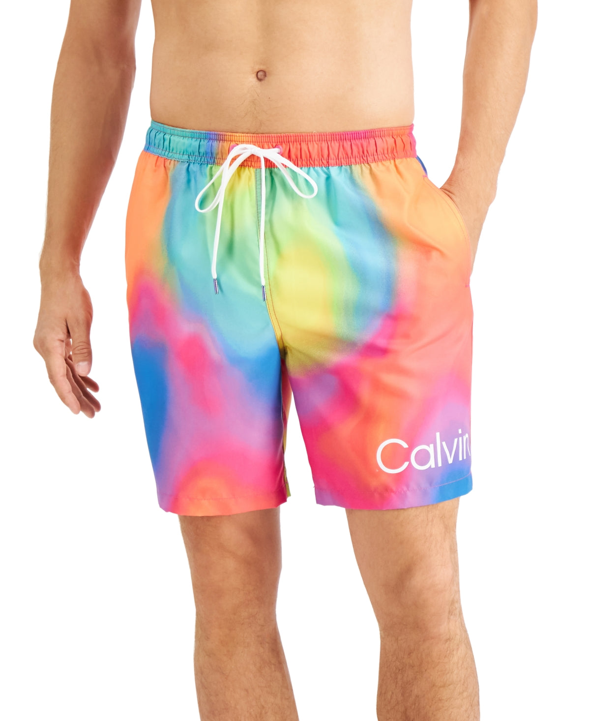 Calvin Klein Men's Logo 7 Volley Swim Trunks Holographic Orange Multi XXL