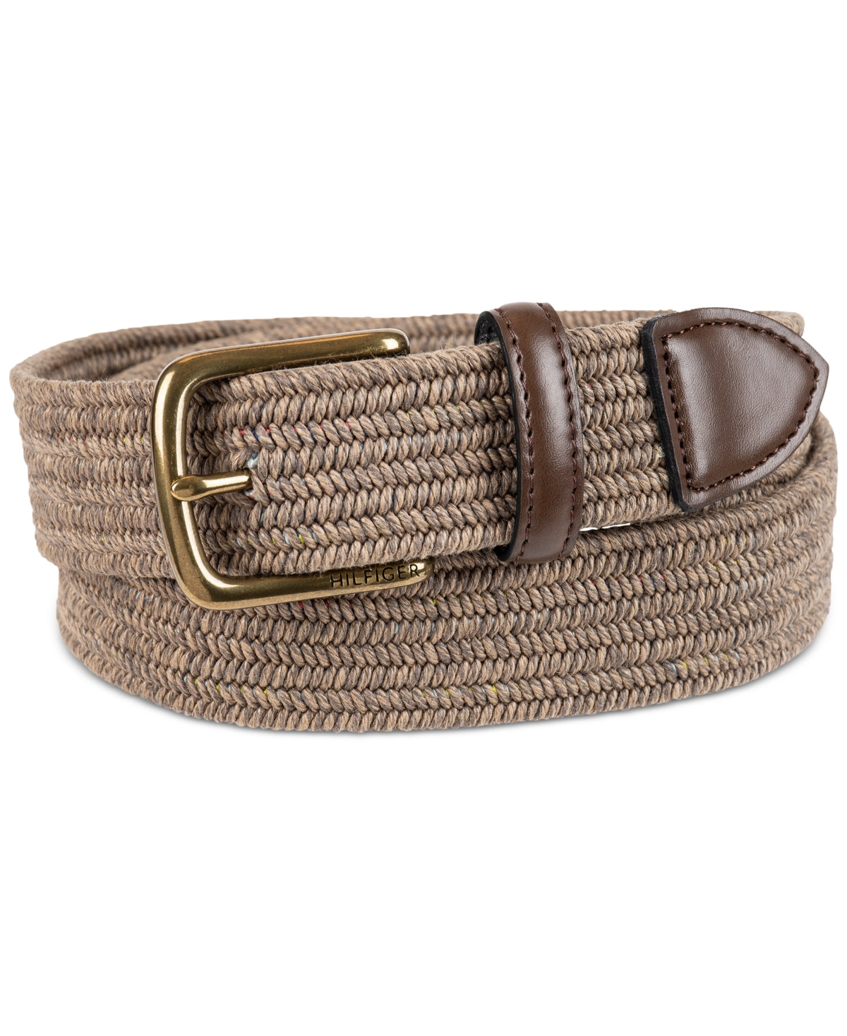 Tommy Hilfiger Men's Th Flex Stretch Braided Belt Faux Leather Trim Brown Medium