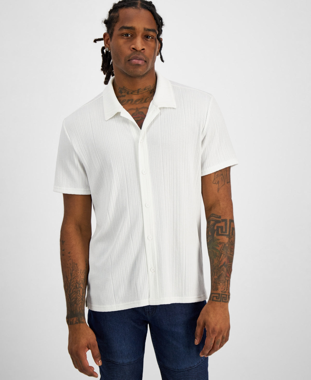 INC International Concepts Mens Knit Short Sleeve Button Down Shirt White Small