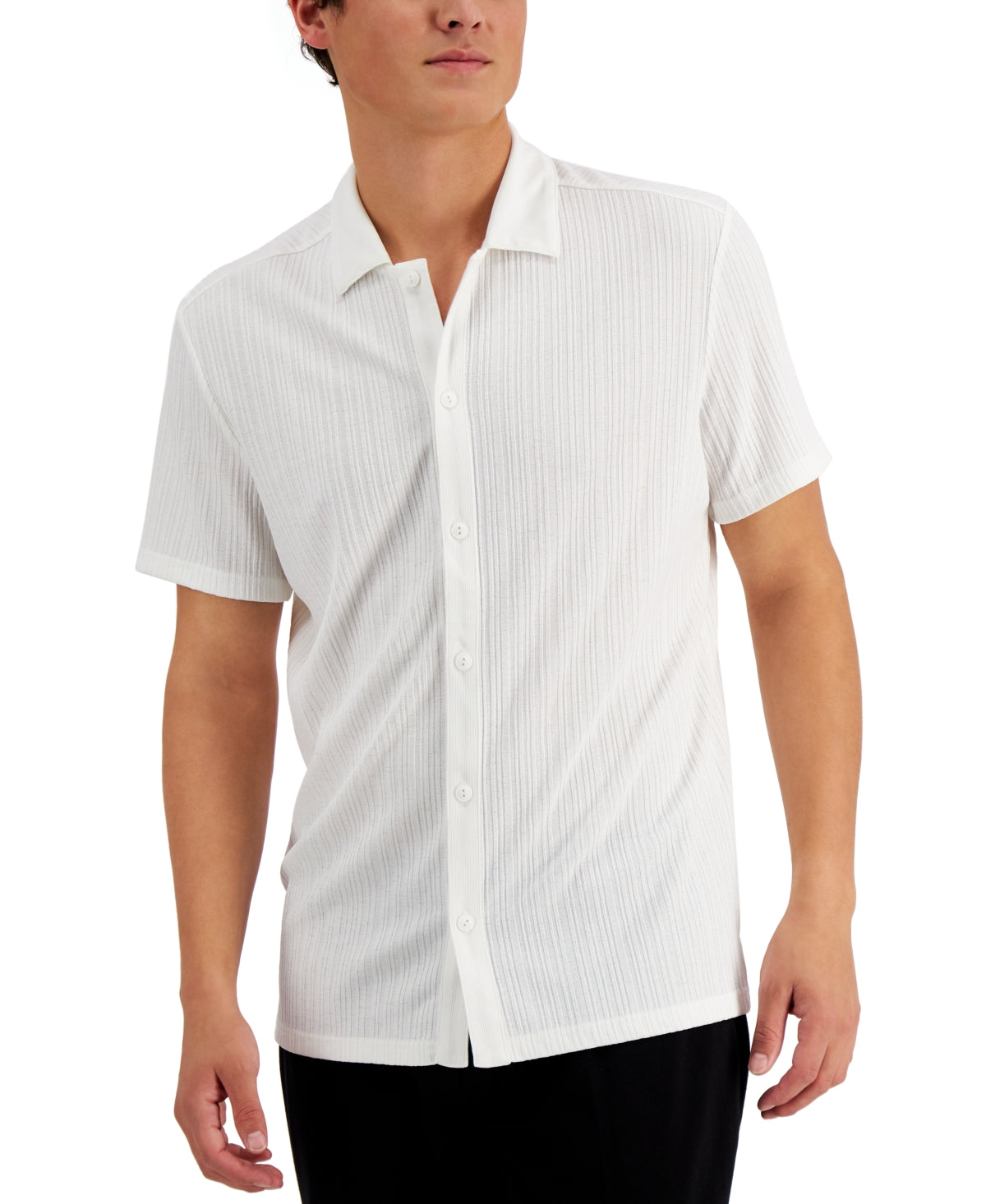 INC International Concepts Mens Rib Knit Button-Up Short Sleeve Shirt Small Tan