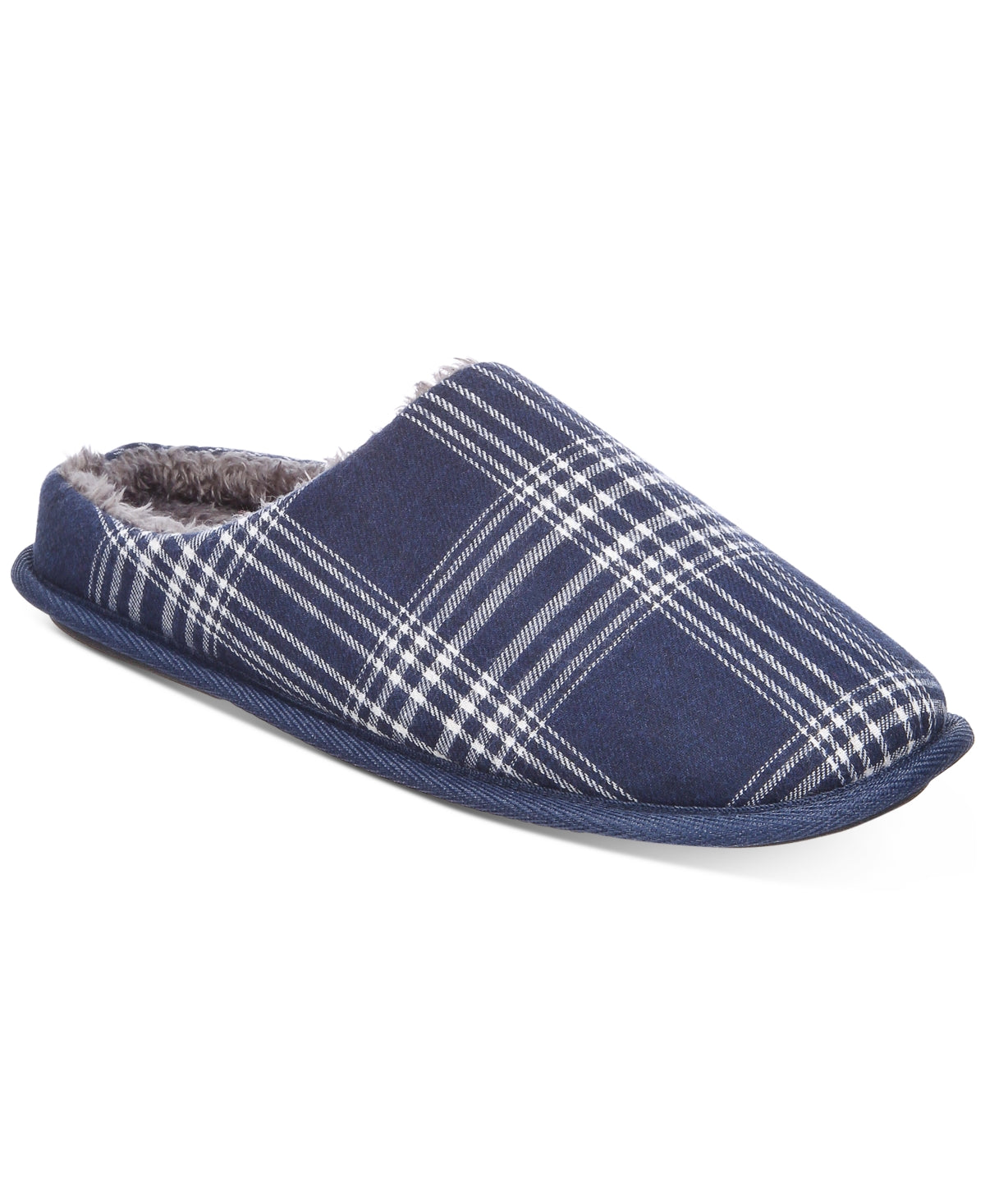 Club Room Mens Plaid Fleece Lined Slippers Navy Blue  Medium 8 to 9