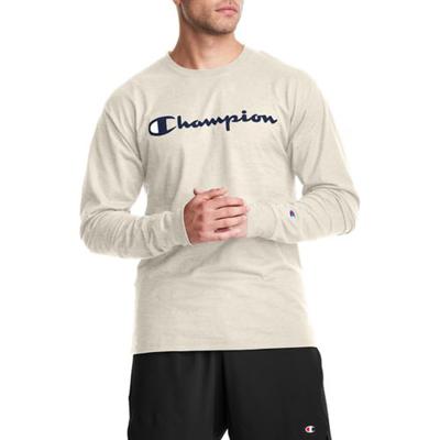 Champion Men's Script Logo Long Sleeve T Shirt Beige Medium