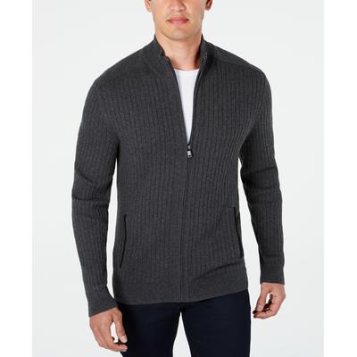 Alfani Mens Ribbed Full-Zip Sweater Charcoal Heather Small
