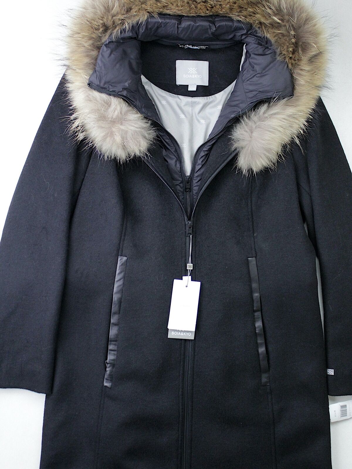 Soia & Kyo Womens Charlena Fur Trim Wool Coat XL Black