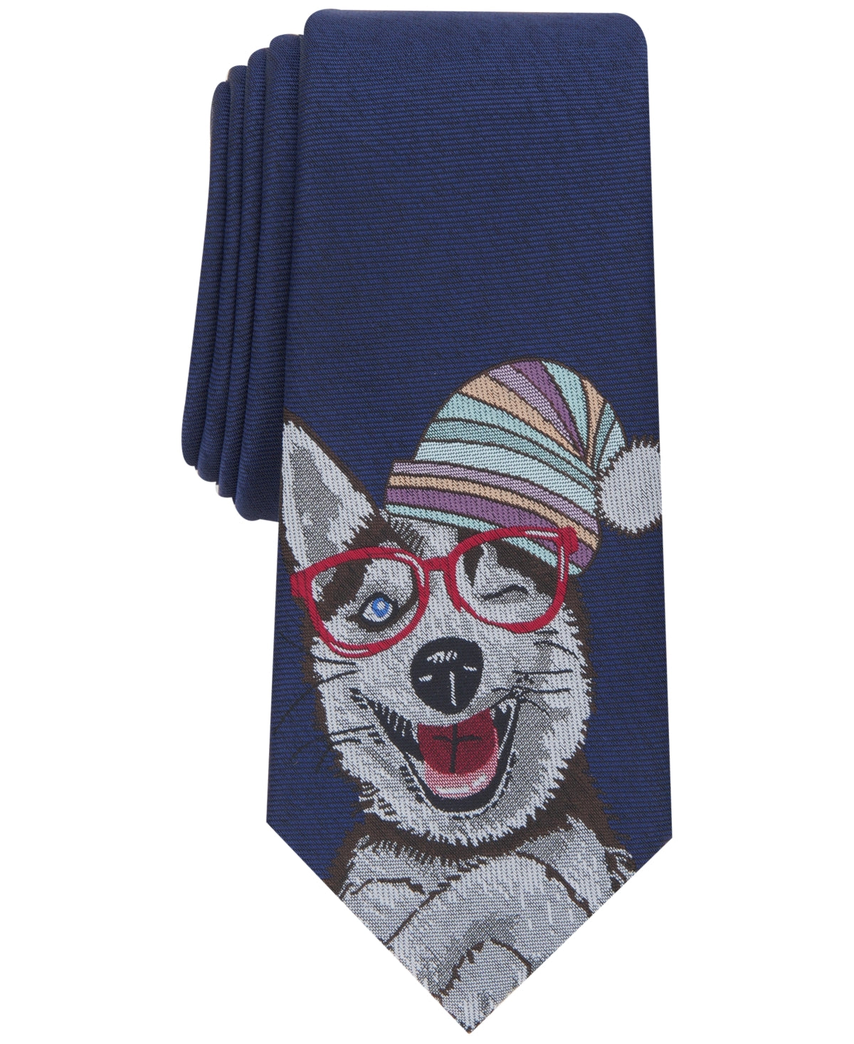 Bar III Mens Happy Holidays Navy Skinny Pup Tie One Size