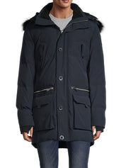 Karl Lagerfeld Paris Quilted Fur Trim Down Hooded Parka Coat Large Navy Blue