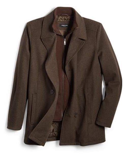 Kenneth Cole Men's Double Breasted Wool Blend Peacoat Small Bib Brown Coat