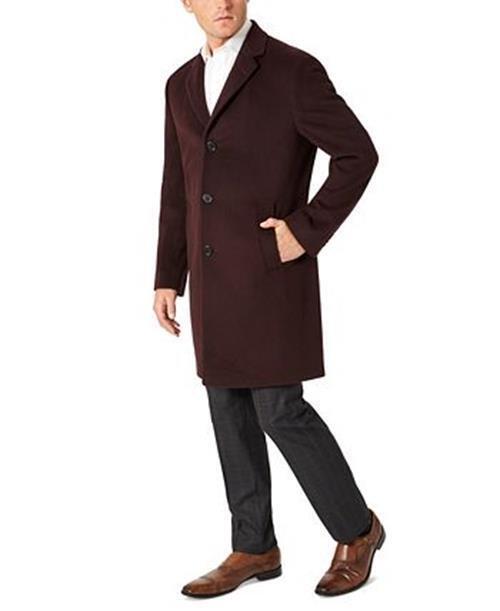 KENNETH COLE REACTION Men's Overcoat Burgundy 48L Coat Slim Single-Breasted