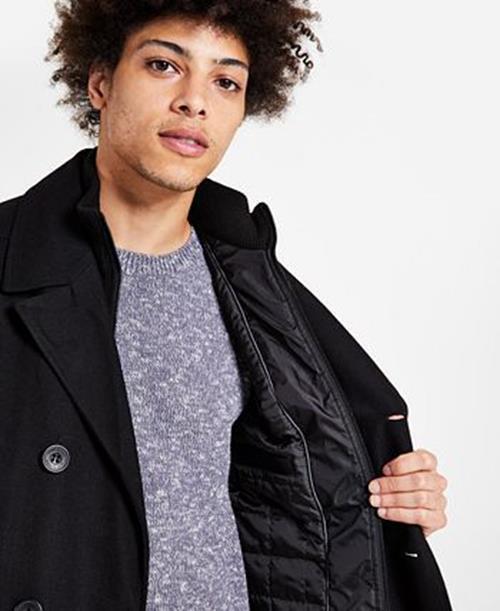 Kenneth Cole Men's Double Breasted Wool Blend Peacoat Medium Bib Black Coat