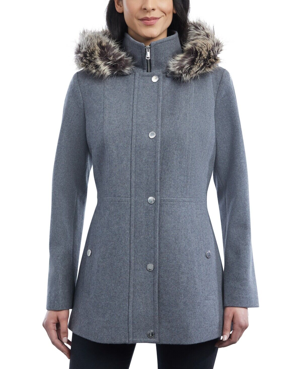 London Fog Women's Faux-Fur-Trim Hooded Walker Coat Medium Grey Wool Zip