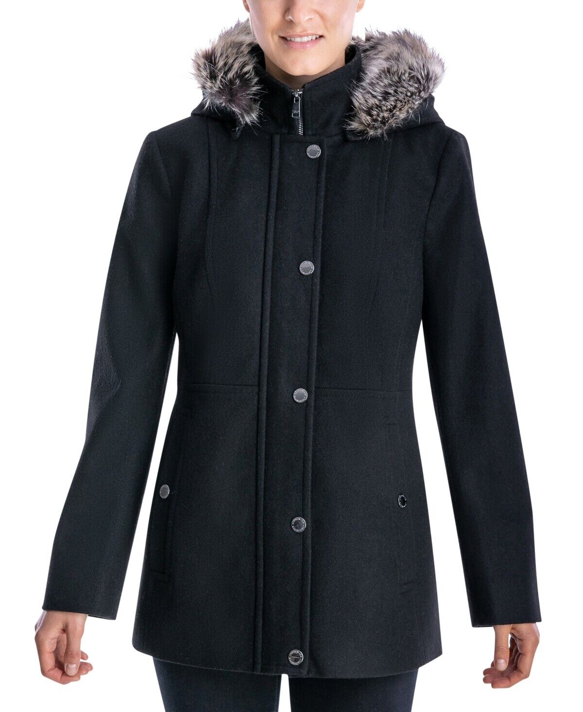 London Fog Women's Faux-Fur-Trim Hooded Walker Coat Large Black Wool Zip