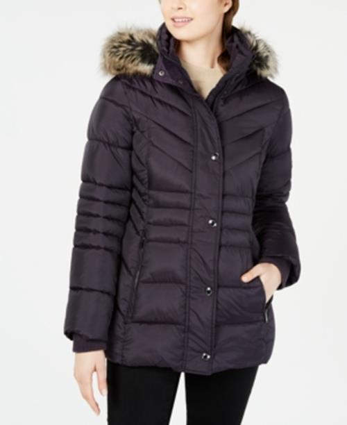 LONDON FOG Womens Hooded Faux-Fur-Trim Puffer Coat Large Blackberry