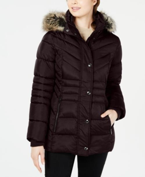 LONDON FOG Womens Hooded Faux-Fur-Trim Puffer Coat XL Burgundy
