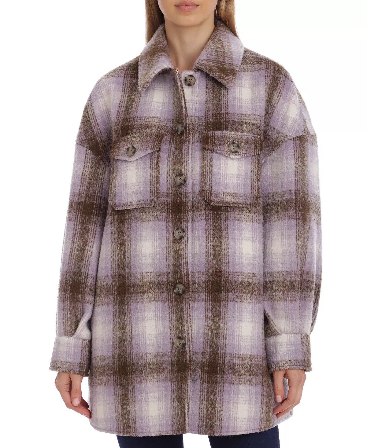 AVEC LES FILLES Plaid Shirt Jacket Brown Lavender Plaid Small Womens