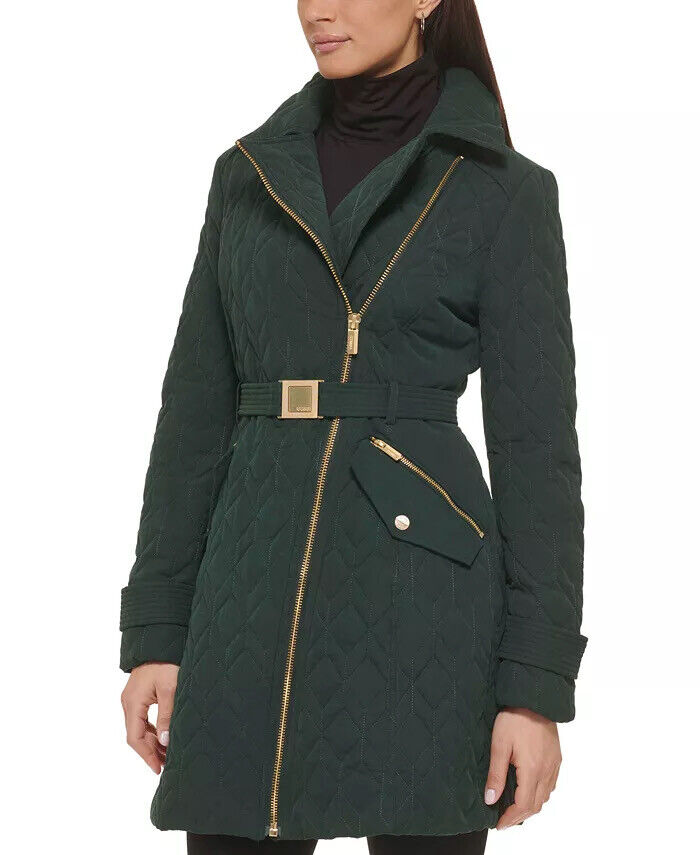 GUESS Women's Asymmetric Diamond-Quilted Coat Green Large NO BELT