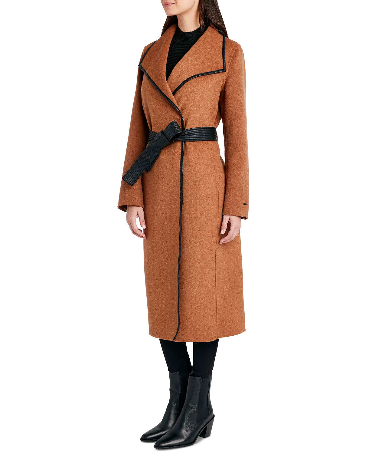 Tahari Womens Faux-Leather-Trim Belted Wrap Coat Medium Caramel Brown
