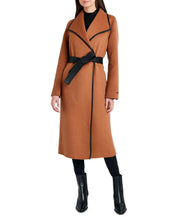 Tahari Womens Faux-Leather-Trim Belted Wrap Coat Medium Caramel Brown