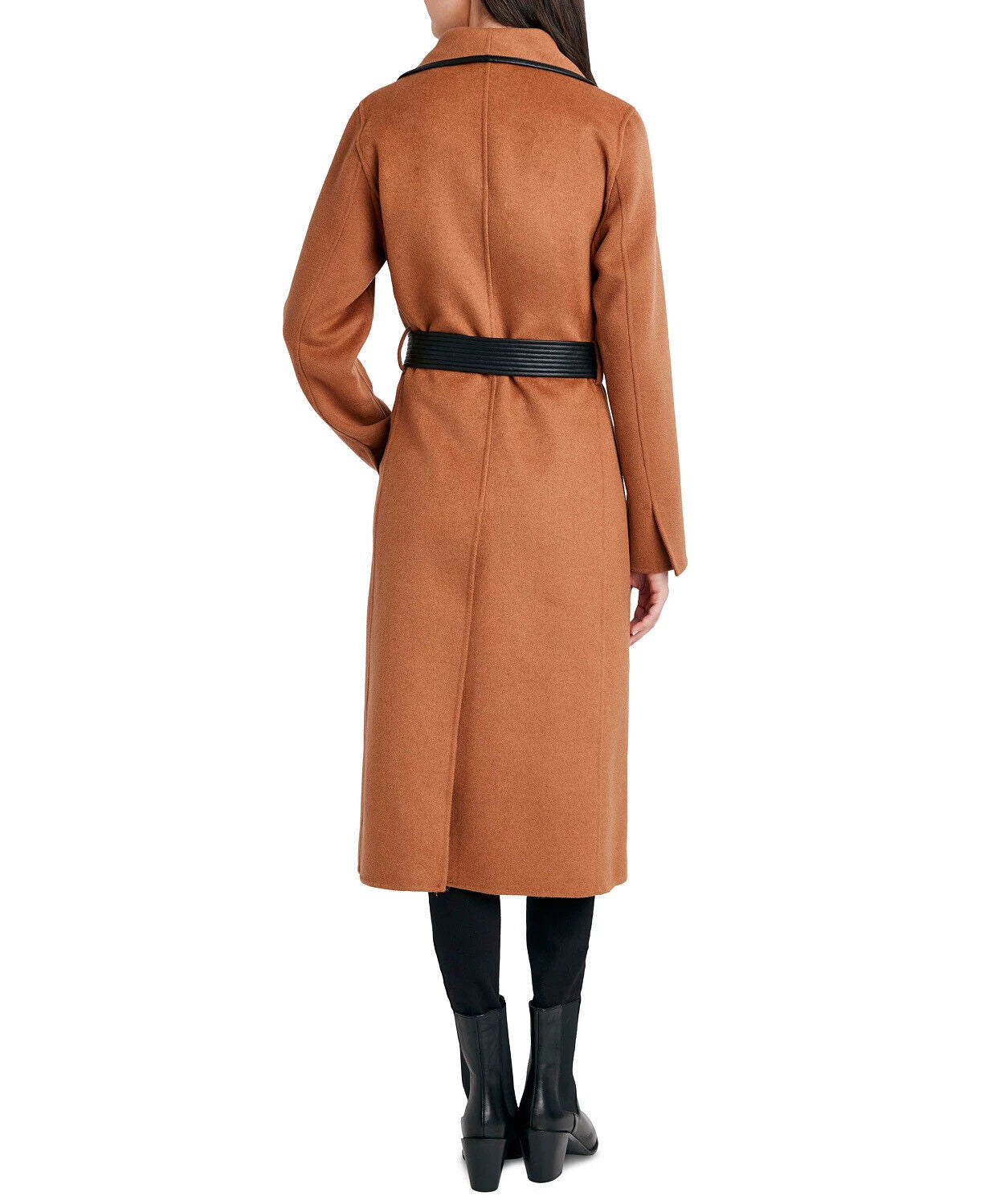 Tahari Womens Faux-Leather-Trim Belted Wrap Coat Medium Caramel Brown