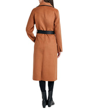 Tahari Womens Faux-Leather-Trim Belted Wrap Coat Medium Caramel Brown