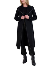 Tahari Womens Faux-Leather-Trim Belted Wrap Coat XXS Black