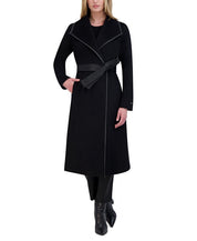 Tahari Womens Faux-Leather-Trim Belted Wrap Coat XXS Black