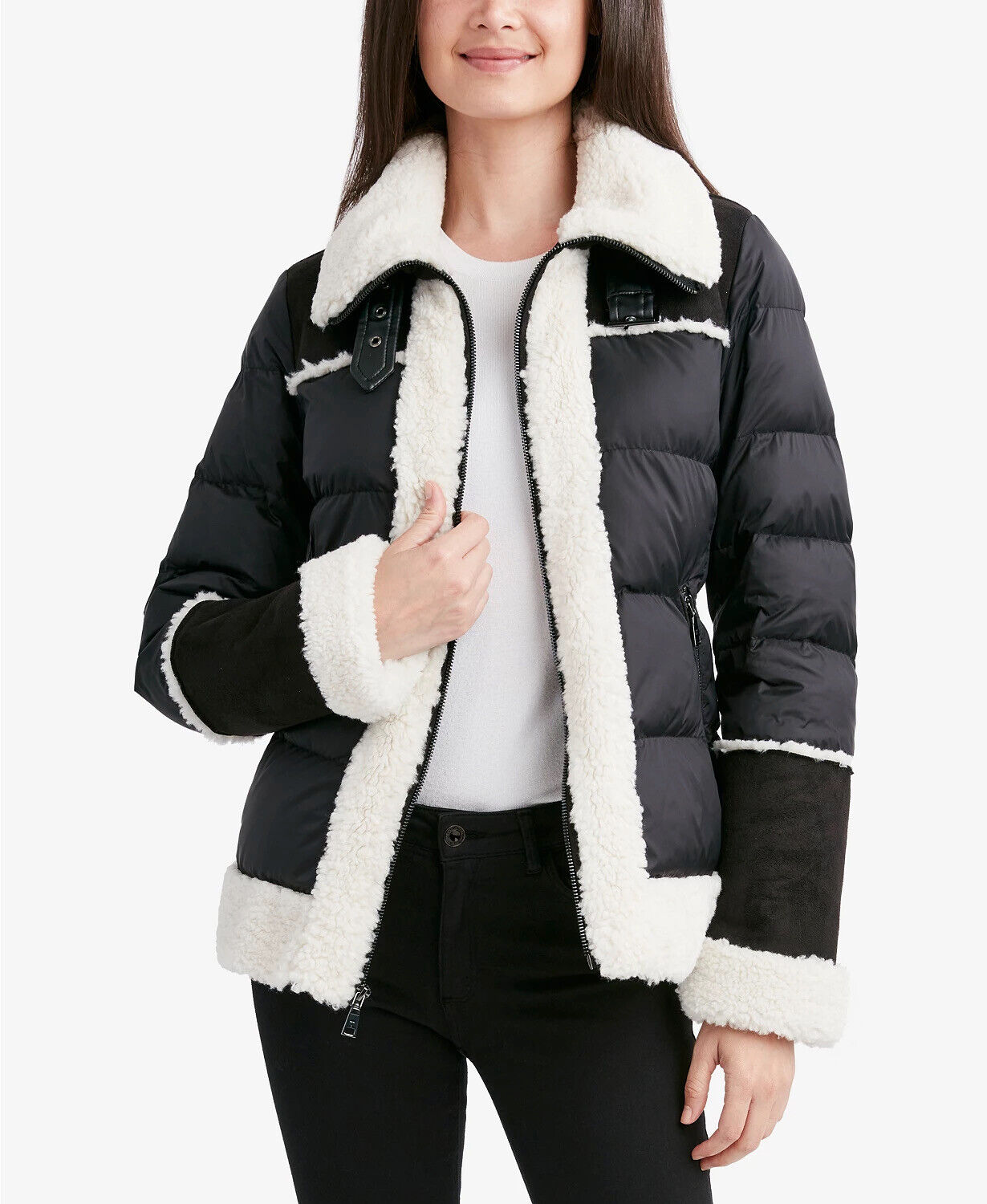 Tahari Women's Faux-Fur-Trim Puffer Coat Black / White XL