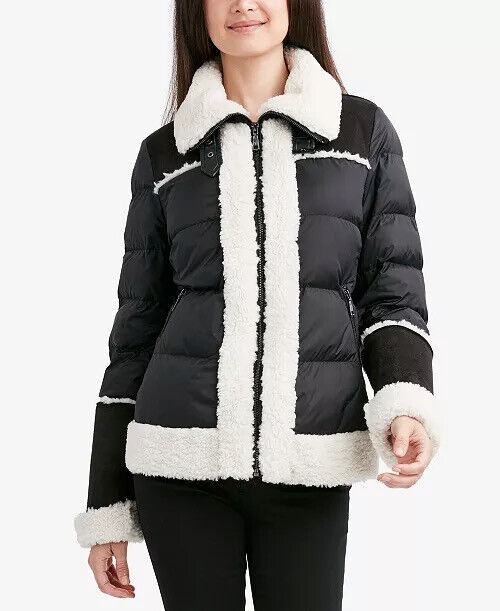 Tahari Women's Faux-Fur-Trim Puffer Coat Black / White XL