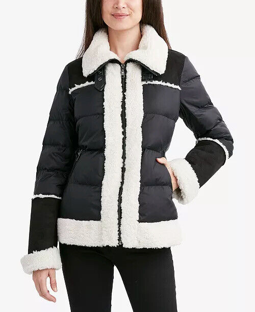 Tahari Women's Faux-Fur-Trim Puffer Coat Black / White XL