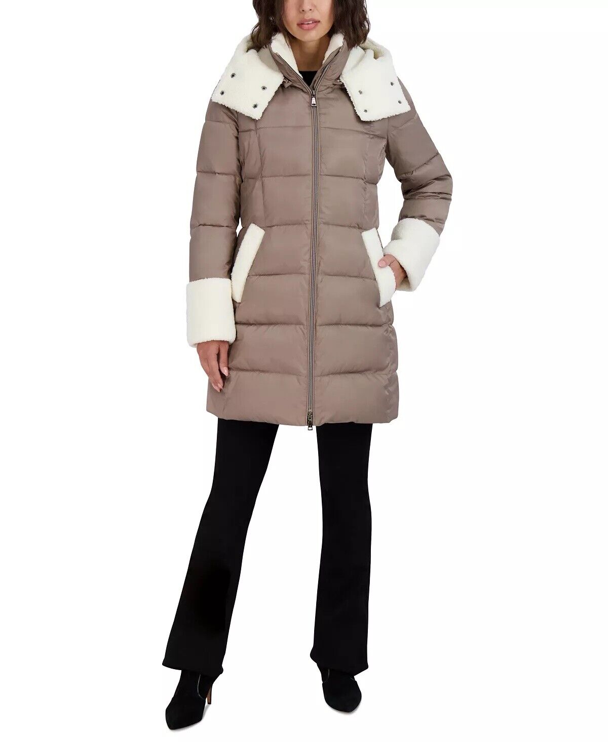 Tahari Women's Fleece-Trim Hooded Puffer Coat Golden Beige Small