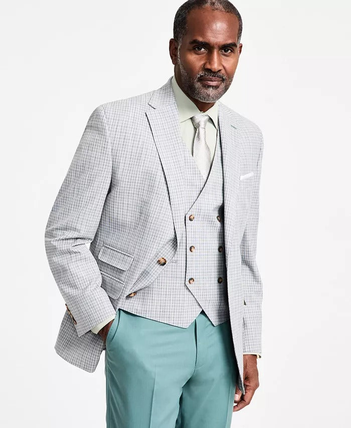 Tayion Mens Regular fit Suit Jacket Blazer 42 R Light Grey Green Plaid Stretch