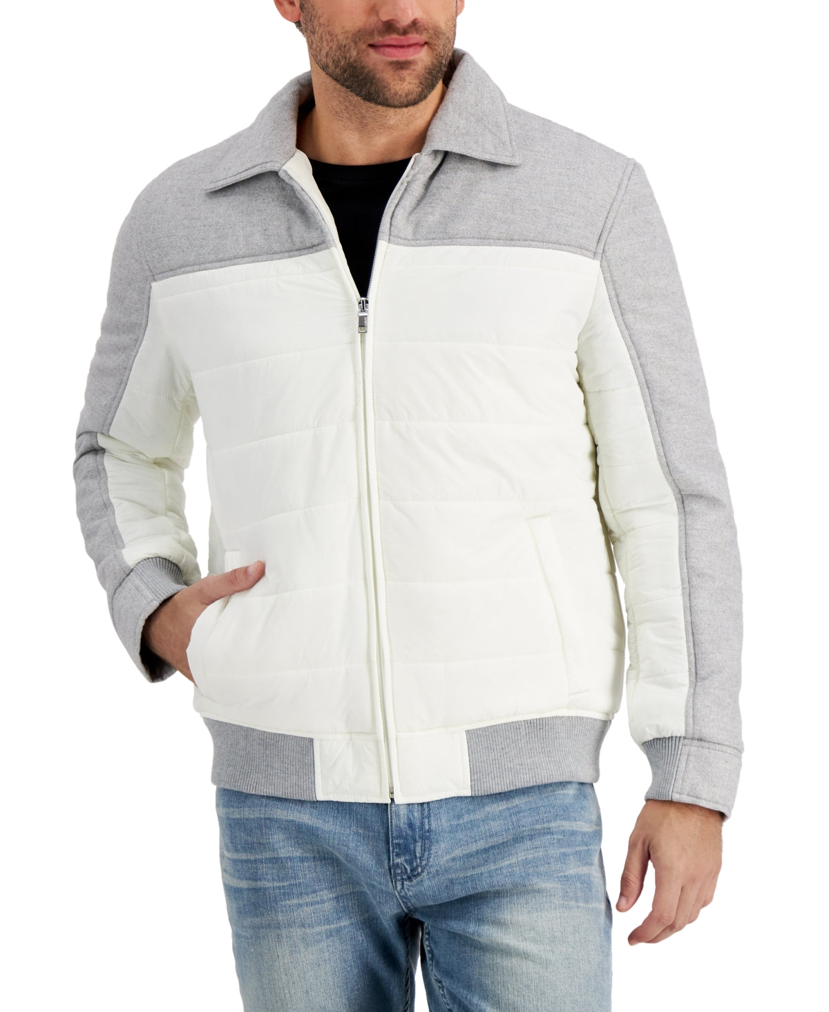 Alfani Mens Colorblocked Puffer Jacket 3XL XXXL White / Grey