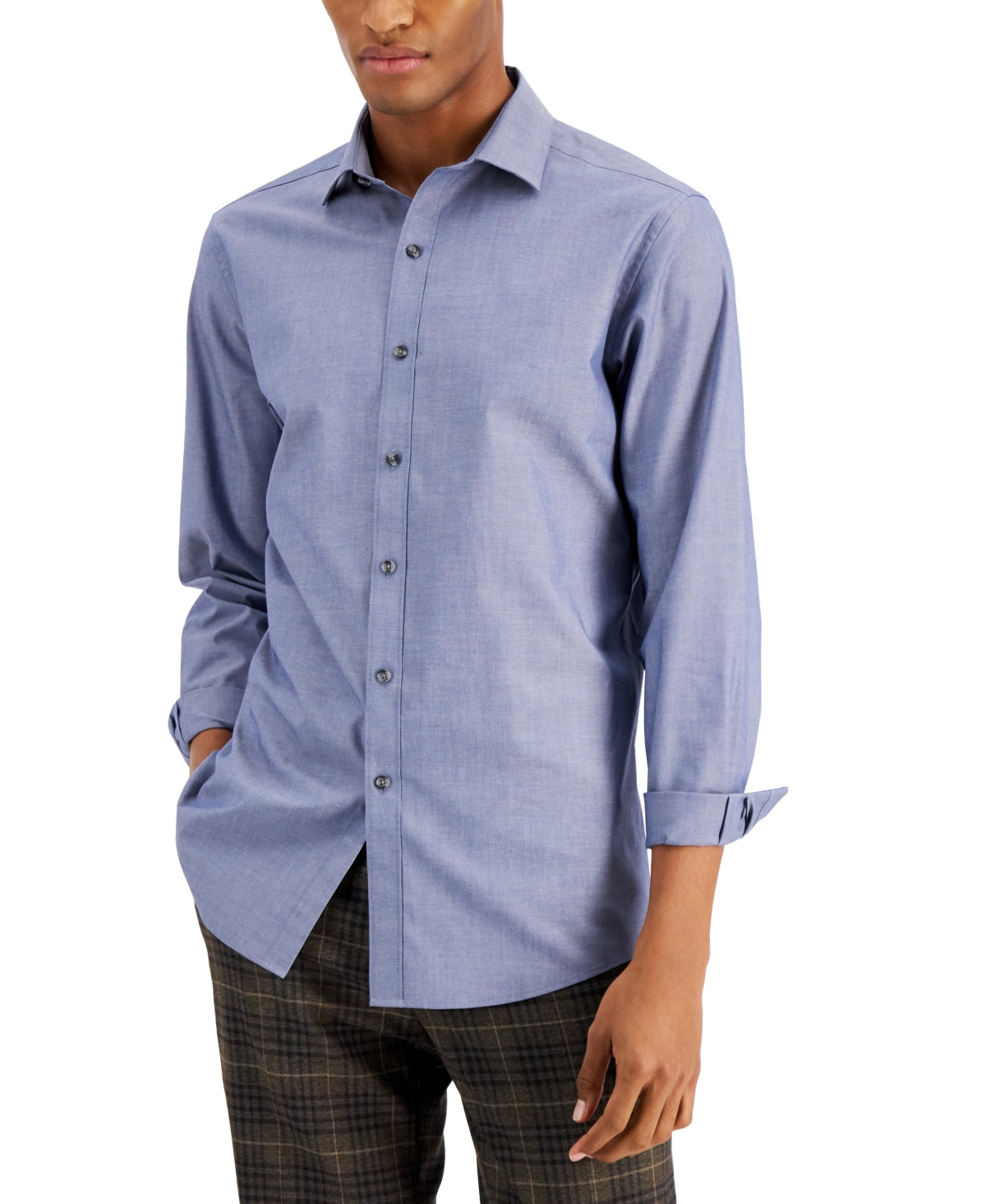 Bar III Mens Slim Fit Performance Button Down Shirt  Dark Indigo Blue Large