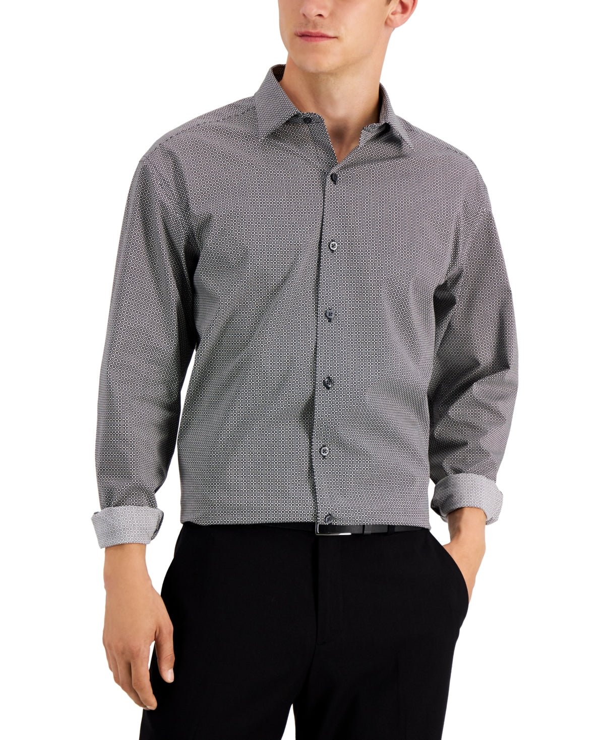Alfani Mens Grid Dot Performance Button Down Shirt Black White 17-17.5 / 34-35