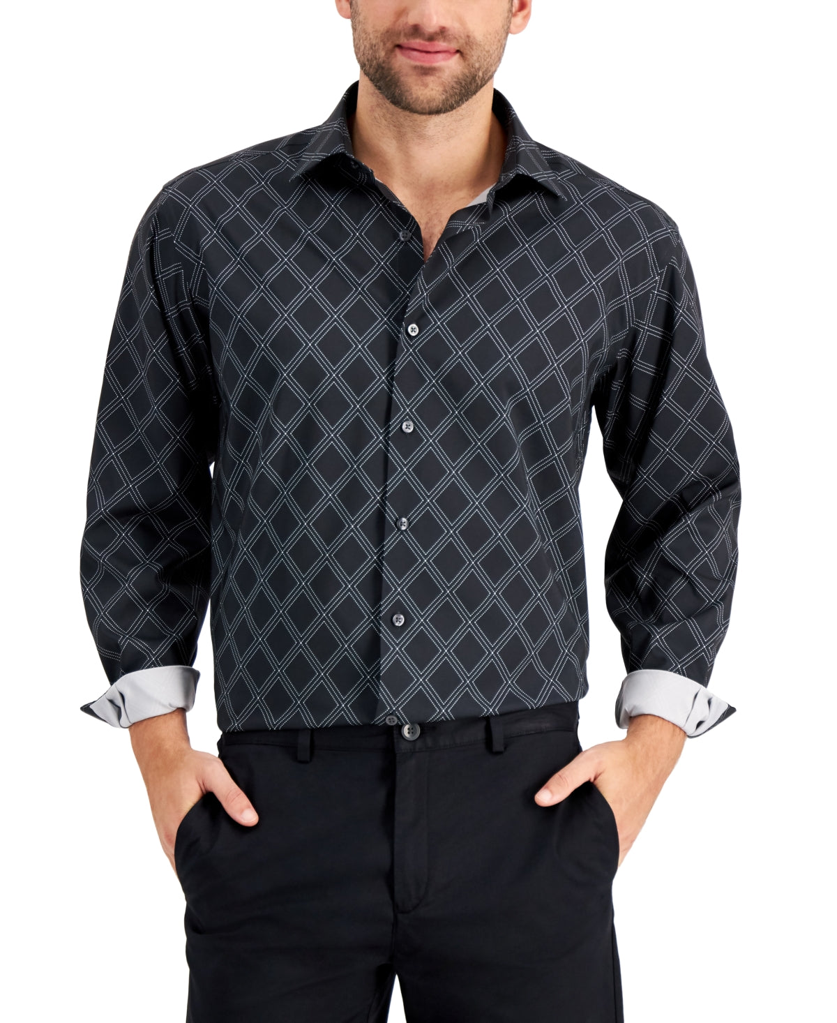 Alfani Men's Slim Fit Button Down Shirt Black White Large 16-16.5 / 32-33