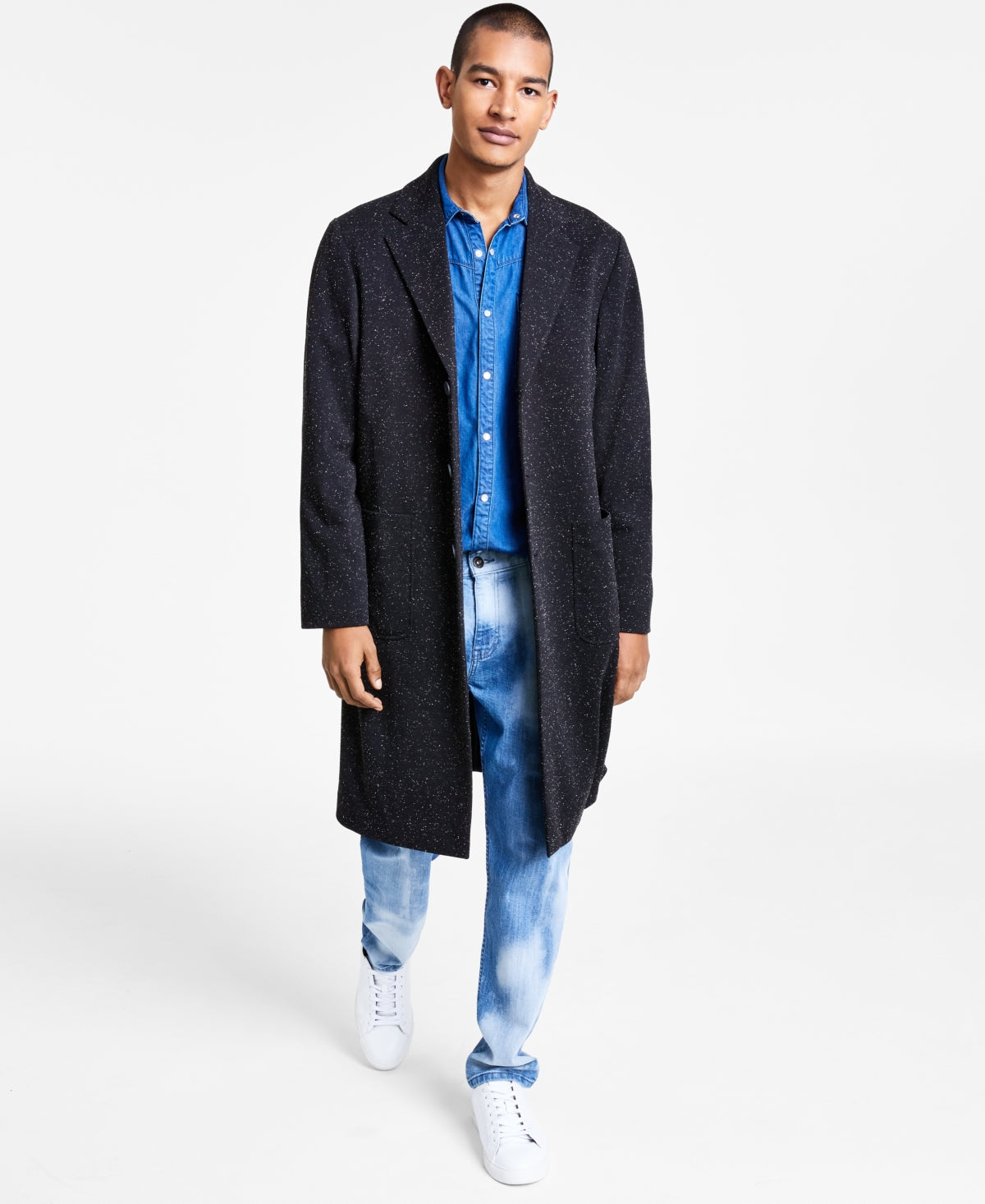 INC International Concepts Mens Speckled Regular Fit Over Coat Small Black