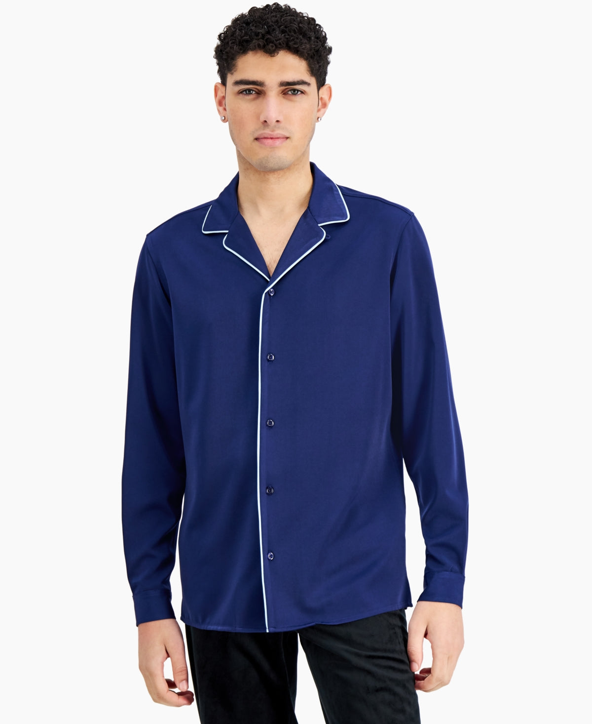 International Concepts Men's Contrast Piped Camp Shirt  Dark Blue Small