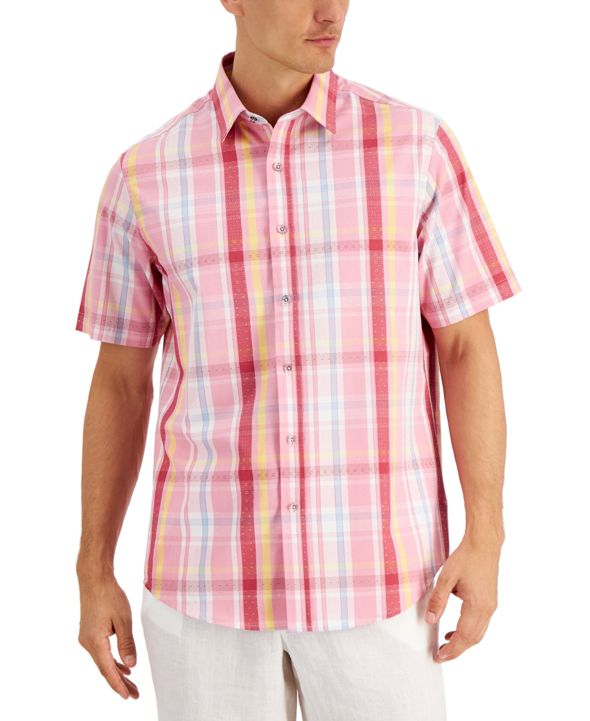 Club Room Men's Dobby Plaid Short Sleeve Button Down Shirt Pink Combo Small