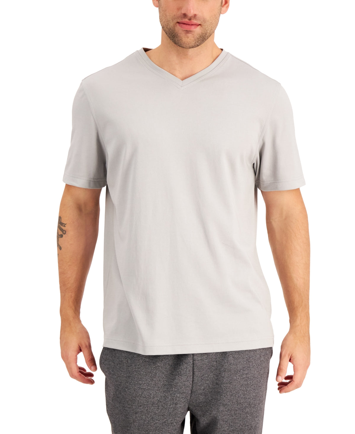ALFANI Mens Relaxed Fit Supima Blend V Neck T-Shirt Heather Grey Large