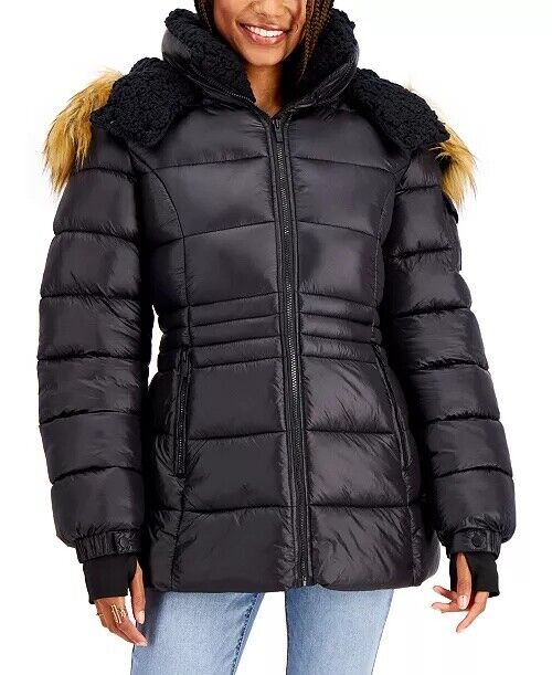 Steve Madden Juniors Girls Faux-Fur-Trim Hooded Shine Puffer Coat Black Large