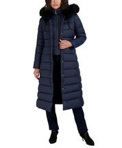 TAHARI Women's Hooded Maxi Puffer Coat Medium Navy Blue NO FUR INCLUDED