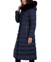 TAHARI Women's Hooded Maxi Puffer Coat Medium Navy Blue NO FUR INCLUDED