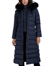 TAHARI Women's Hooded Maxi Puffer Coat Medium Navy Blue NO FUR INCLUDED