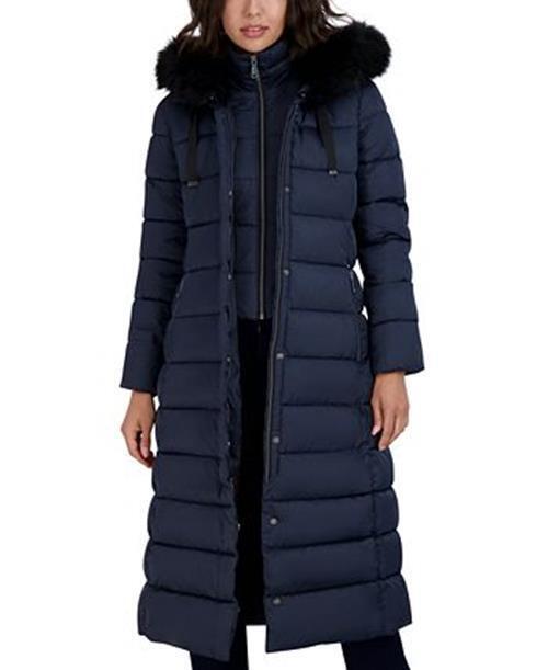 TAHARI Women's Hooded Maxi Puffer Coat Medium Navy Blue NO FUR INCLUDED