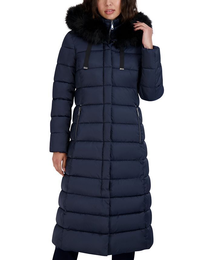 TAHARI Women's Hooded Maxi Puffer Coat Medium Navy Blue NO FUR INCLUDED