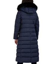 TAHARI Women's Hooded Maxi Puffer Coat Medium Navy Blue NO FUR INCLUDED