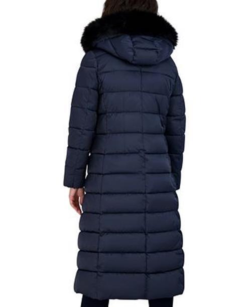 TAHARI Women's Hooded Maxi Puffer Coat Medium Navy Blue NO FUR INCLUDED