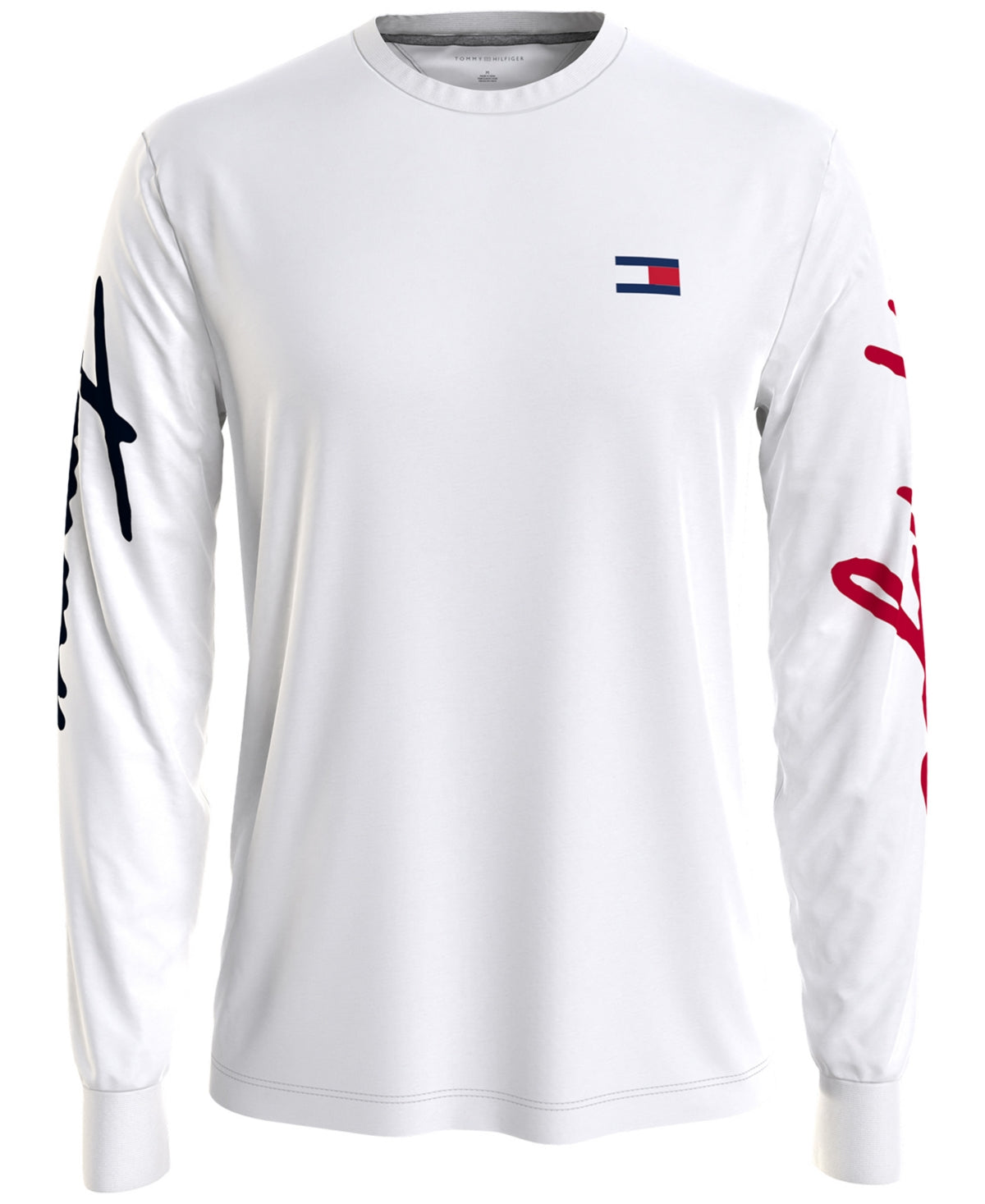 Tommy Hilfiger Men's Long Sleeve Crewneck T Shirt Logo Stripe Bright White Large